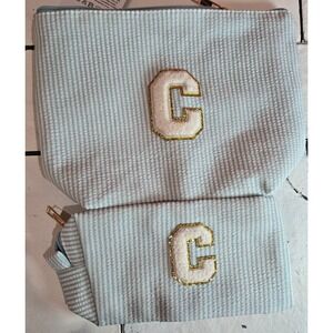 YOOLIFE Seersucker Cosmetic Bag Pouch Set NEW Light Blue White C Letter Accent